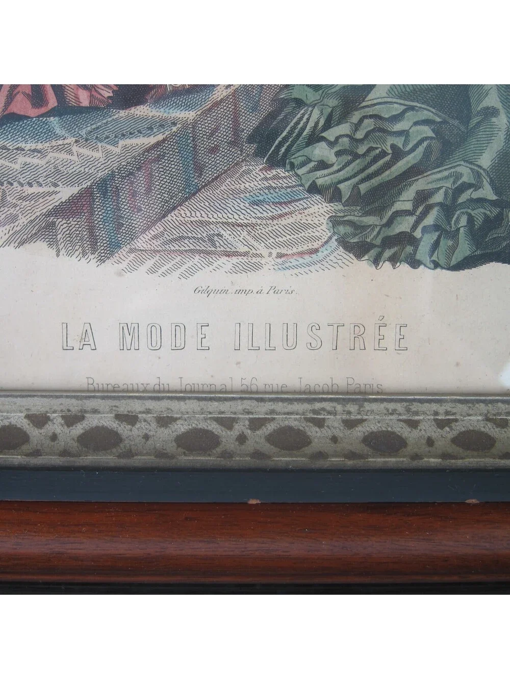 Antique Victorian Deep Picture Frame Wood Gilt La Mode Paris Print in Glass 16